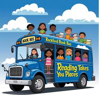 An illustration of the Rockford Book Bus with the words Reading Takes You Places on the side of the bus.
