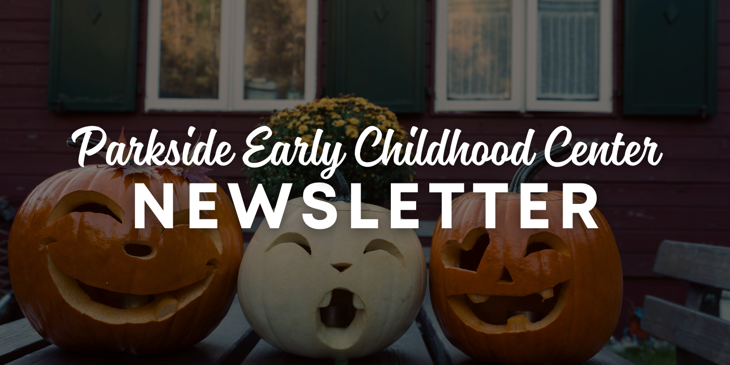 Three carved pumpkins sit on a porch with the accompanying text, 