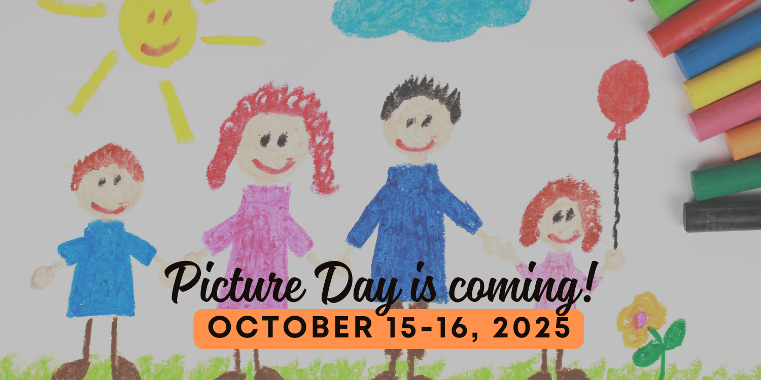 A picture of four people drawn by a young child in crayon. Accompanying text reads,