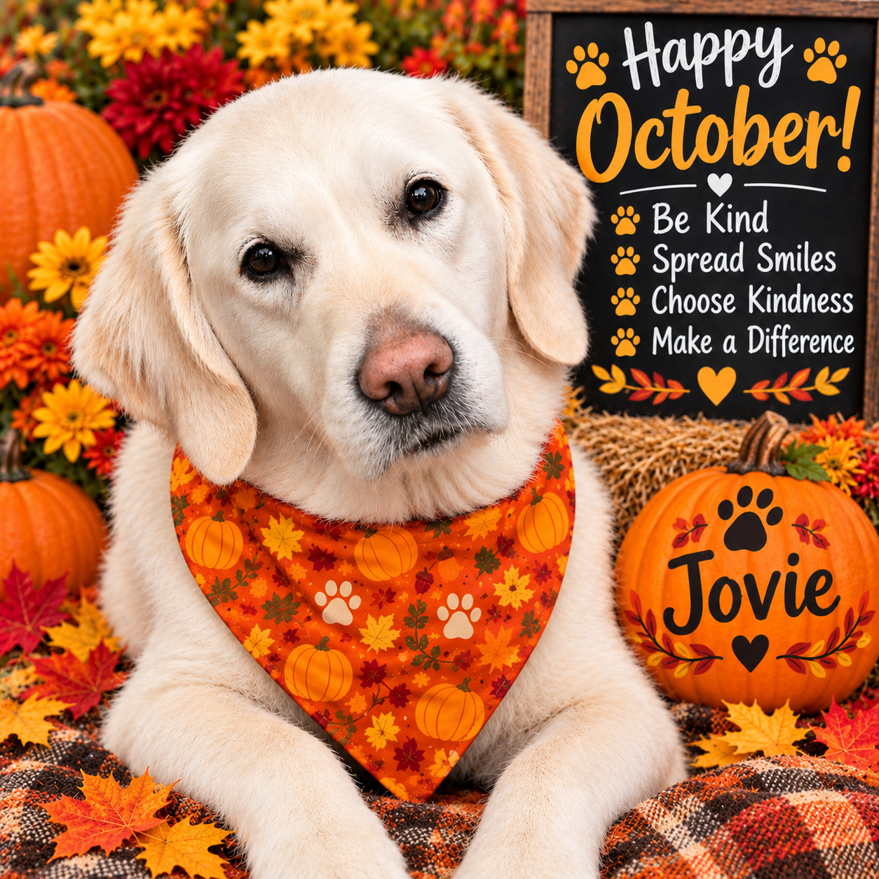 Happy October from Jovie. Be Kind, Spread Smiles, Choose Kindness, and Make a Difference