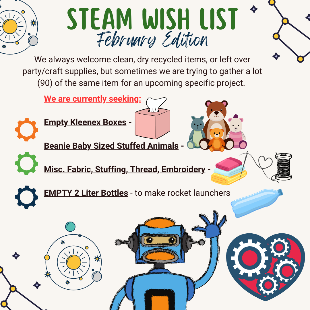 We are full STEAM ahead in 2025! Students have continued their learning of robotics and coding. DK-2 students have been using the Sphero Indi Robots to code with colors. 3-5 students began block coding using the Sphero Bolt.      We began our journey into kinesthetic LEGO builds with our BricQ and LEGO STEAM Park kits. Students will have second building opportunity in the near future as well.      Students will have another opportunity to practice their Engineering Design Skills with our next round of Makerspace.  Each grade level will be presented with a build challenge that will extend their recent learning in their CKLA curriculum. Please consider sending in a few donations to replenish our Makerspace carts throughout the week.