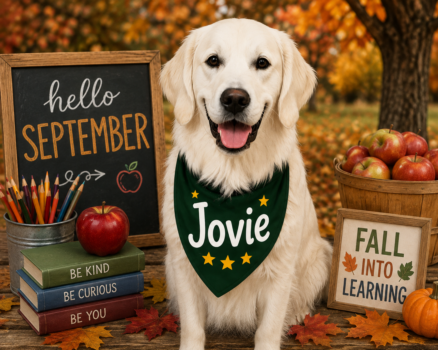Hello September picture with Jovie the Belmont Counseling Dog
