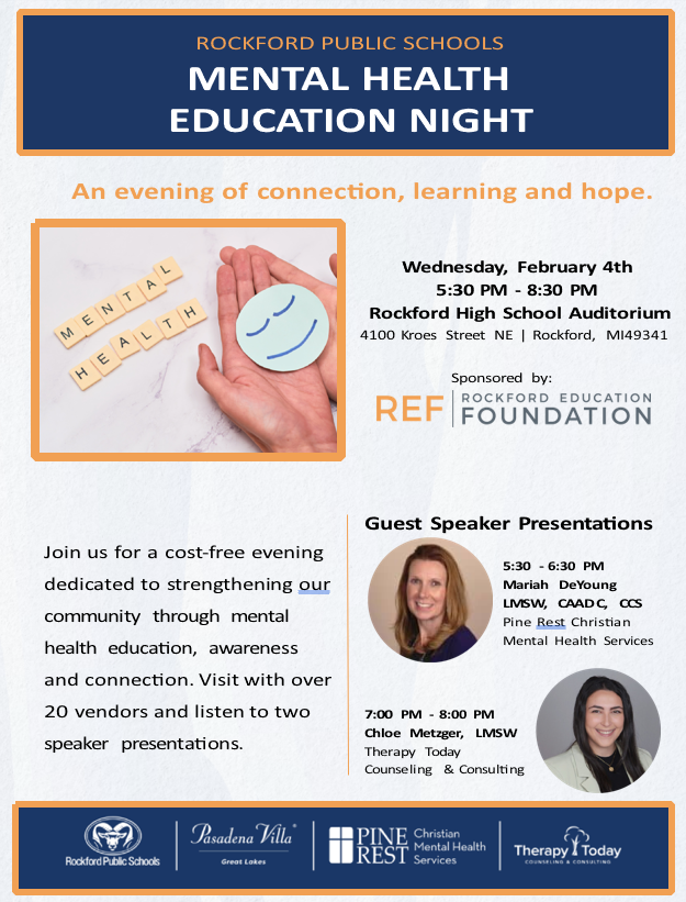 RPS:  Mental Health Education on Wednesday, February 5 from 5:30 PM-8:30 PM at Rockford High School Auditorium