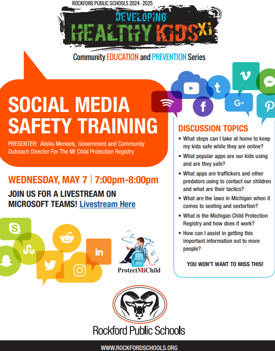his will be a virtual presentation and Alisha Meneely, Government and Community Outreach Director for The MI Child Protection Registry will be the presenter.  This event is focused on a  very important topic:  Social Media Safety Training.