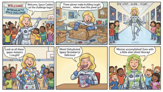 comic picture- Welcome Space Cadets! Let the challenge begin! These gloves make building tough! Hmmmm....where does this panel go? SFX: STEP...GLIDE...FLOAT...Look at all these space meteors I caught! Mmm!! Dehydrated Space Strawberry! Delicious! Mission Accomplished! Even with a little alien slime! Hootay!