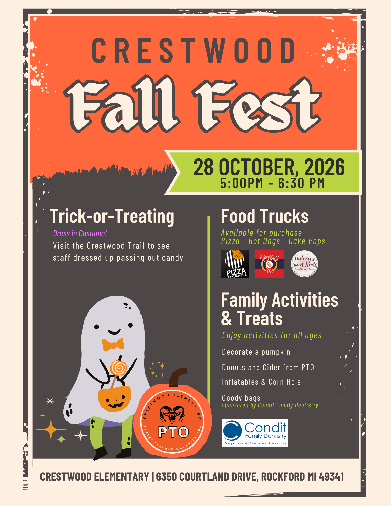 Join us at Fall Fest on Wednesday, October 28 from 5:00–6:30 PM at Crestwood. Trick-or-treat and see your teacher dressed up on the trail and hang out with friends. PTO will be passing out a treat to all and has lots of Fall fun planned! Costumes are encouraged and admission for the whole family is covered by your Activity Pass.