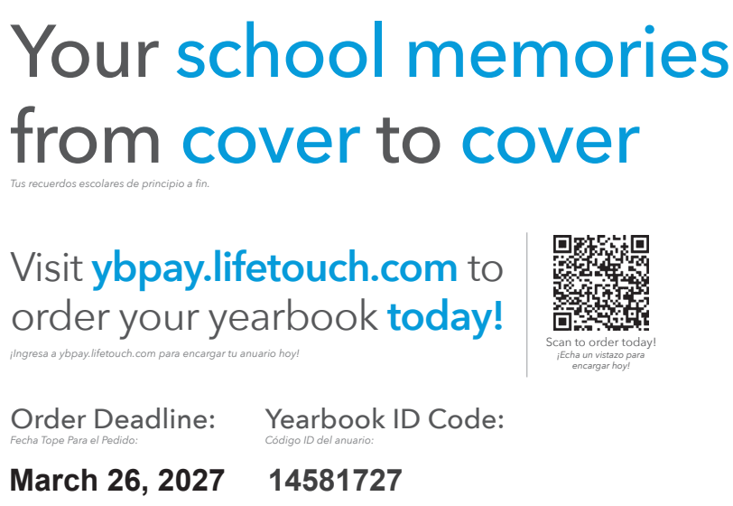 yearbook. Deadline March 26th. Code: 14581727