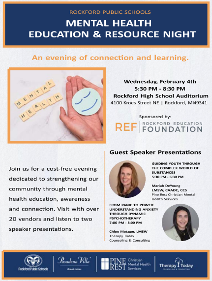 Mental Health Awareness Night February 4th, from 5:30 - 8:30 pm in the high school auditorium. Join us for an evening dedicated to strengthening our community through mental health education, awareness and connection.