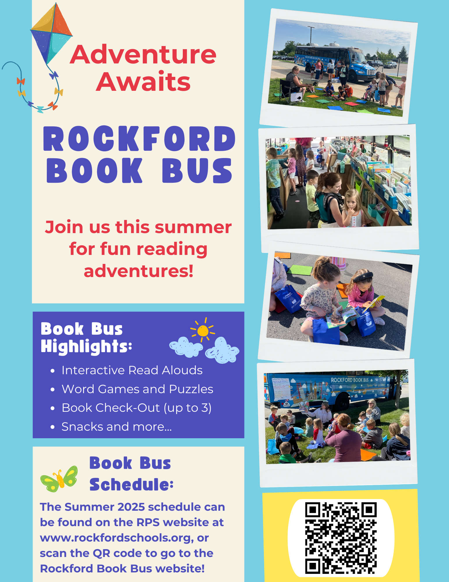 Adventure Awaits Rockford Book Bus. Join us this summer for fun reading adventures.