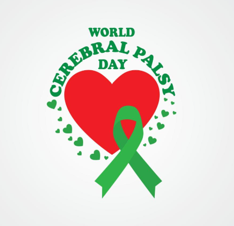 Red heart on a white background with green writing that says World Cerebral Palsy Day. There is also a green ribbon and some green hearts.