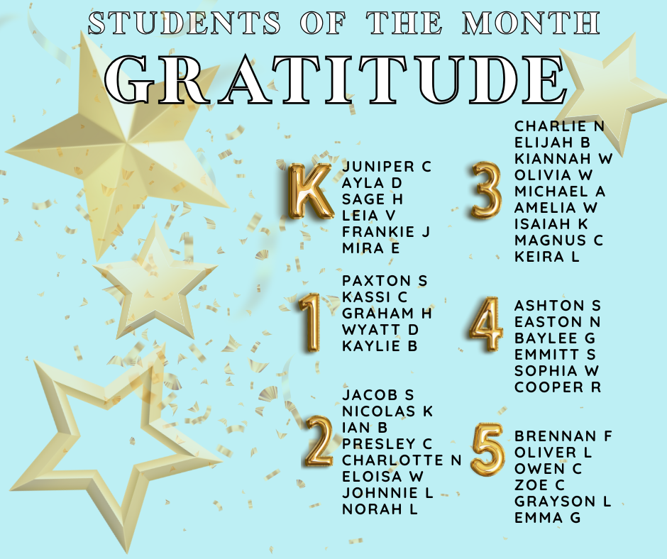 Image of a teal background with gold starts that says Gratitude. K students - Juniper C, Ayla D, Sage H, Leia V, Frankie J, and Mira E. 1st Grade Paxton S, Kassi C, Graham H, Wyatt D, and Kaylie B. 2nd with Jacob S, Nicolas K, Ian B, Presley C, Charlotte N, Eloisa W, Johnnie L, Norah L. 3rd Charlie N, Elijah B, Kiannah W, Olivia W, Michael A, Amelia W, Isaiah K, Magnus C, Keira L. 4th Grade Aston S, Easton N, Baylee G, Emmitt S, Sophia W, Cooper R. 5th Grade Brennan F, Oliver L, Owen C, Zoe C, Grayson L, and Emma G.