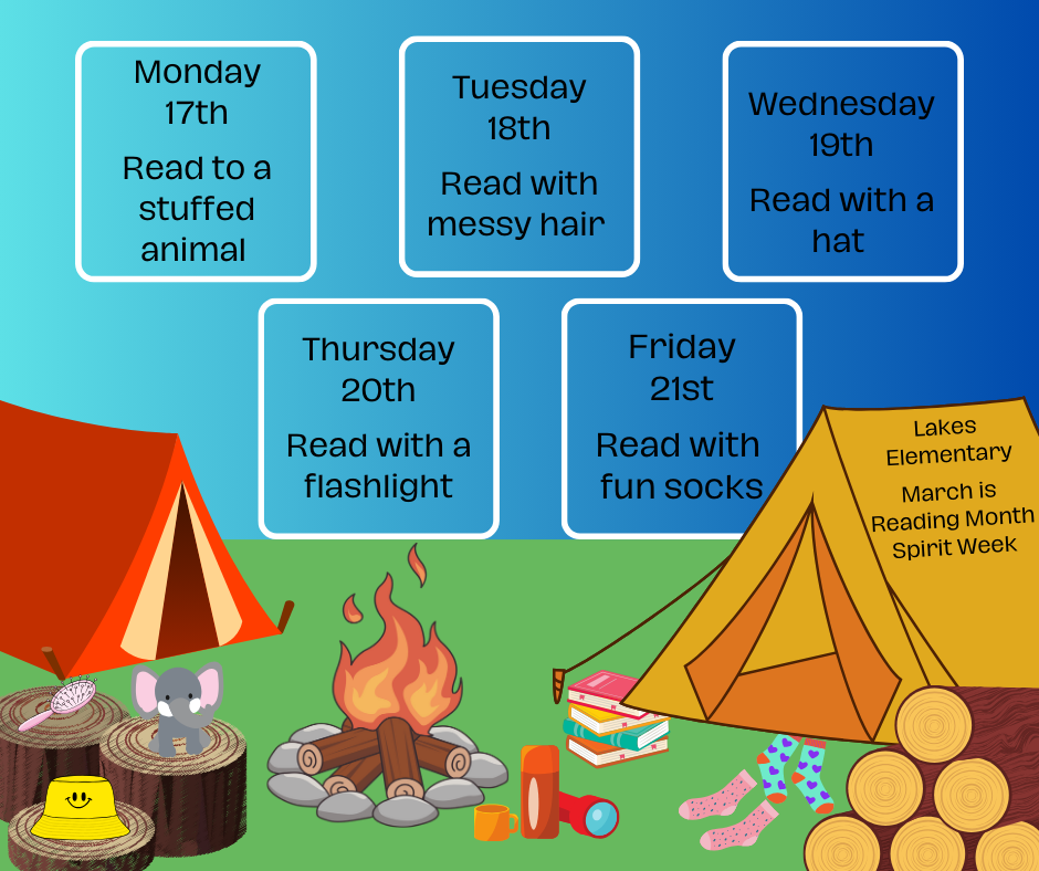 Cartoon camping image with two tents, a fire, and assorted decor. Explains each day of spirit week also found on the calendar.