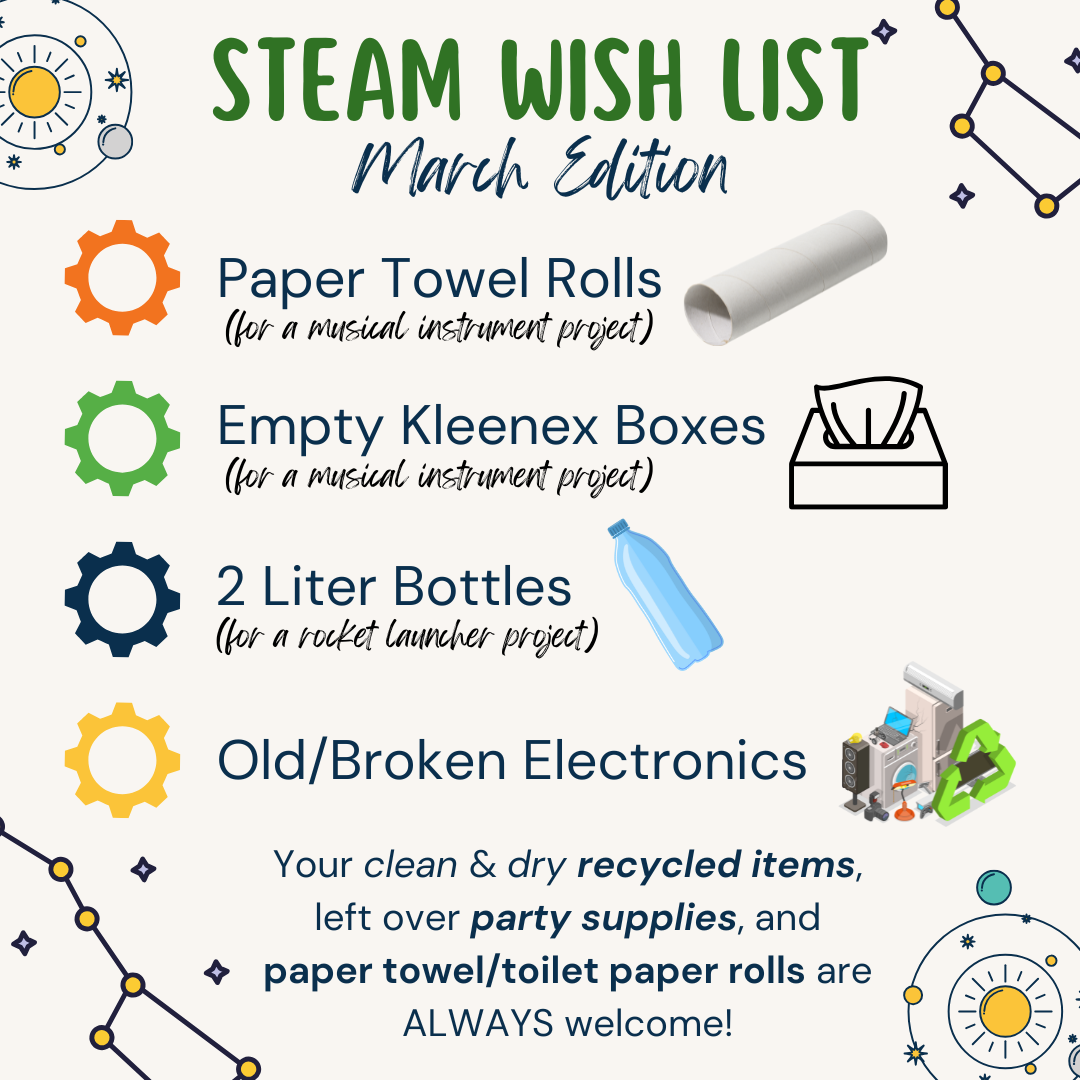 Steam Wish List - March Edition. Paper Towel Rolls, Empty Kleenex Boxes, 2 Liter Bottles, Old/Broken Electronics. Your clean & dry recycled items, left over party supplies, and toilet paper rolls are always welcome.