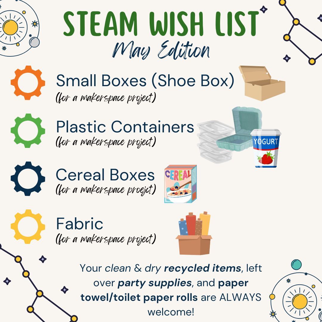 Steam Wish List May Edition. Small Boxes (shoe), Plastic Containers, Cereal Boxes, Fabric. Clean and dry recycled items and paper towel rolls are always welcome.