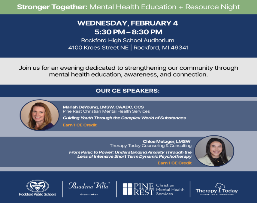 On February 4th, there will be a Mental Health Education Night in the RHS Auditorium.  The first speaker will be from 5:30-6:30 and cover guiding youth through substance use. The second speaker willbe from 7:00-8:00 and the focus will be understanding anxiety.
