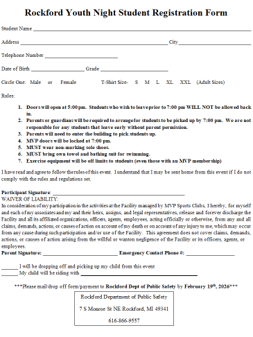 Registration form for Rockford Youth Night