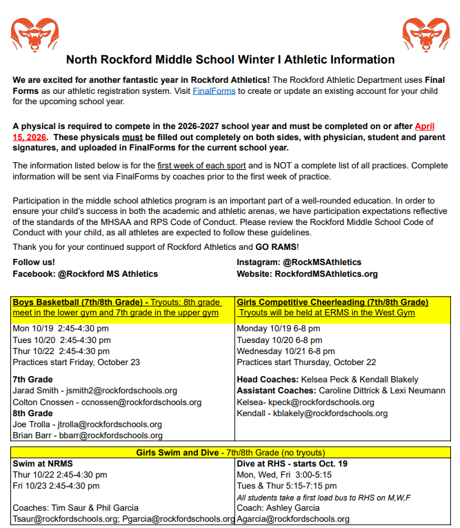 Winter 1 Athletic Info