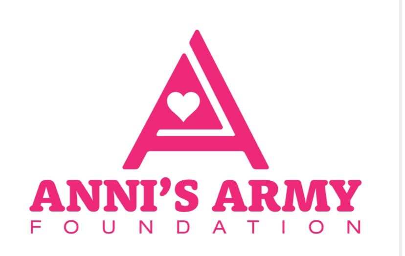 Bright pink A with a heart along with accompanying text "Anni's Army Foundation."