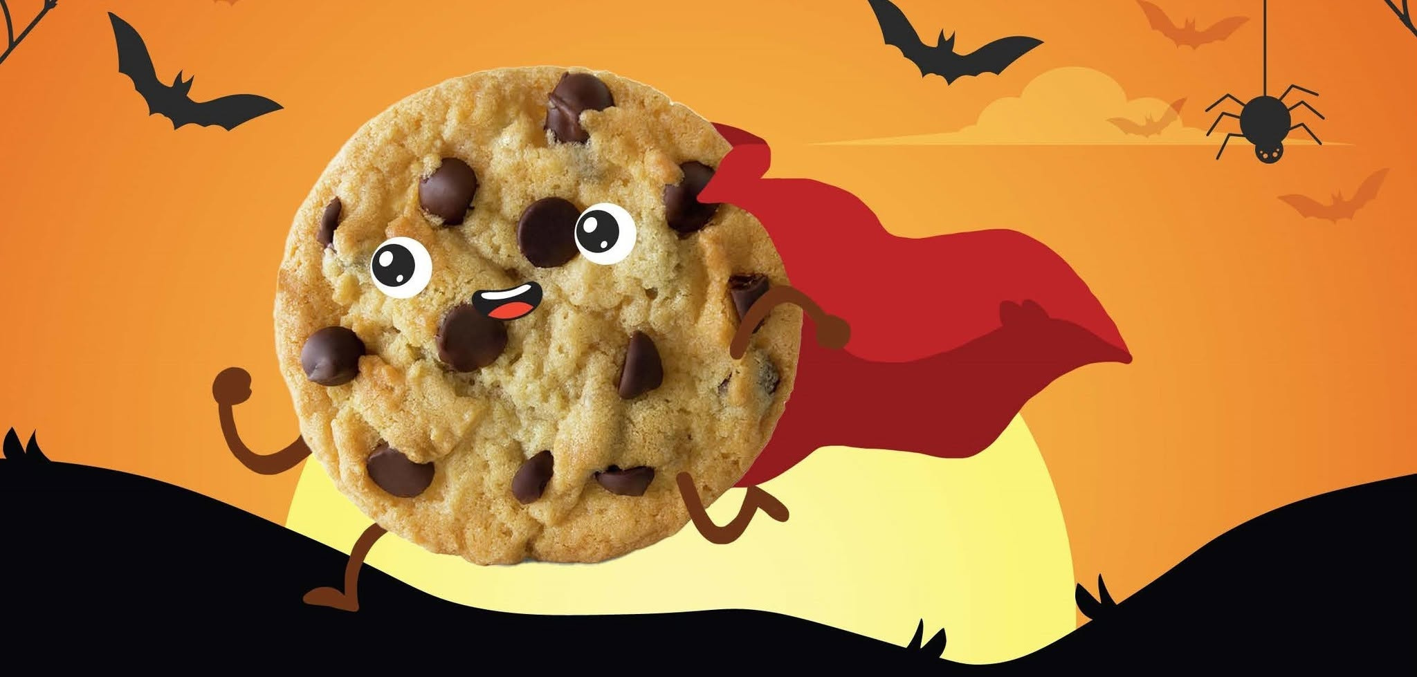 An illustration chocolate chip cookie wearing a Halloween Cape. The cookie is running while surrounded by bats and spiders.
