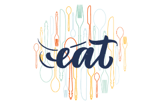 Illustration of multi-colored kitchen utensils with an overlay of the word "eat."