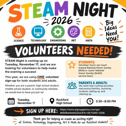 RPS will host STEAM Night on November 17, 2026. They need volunteers to set up, clean up, and run activities. There is a link for volunteers to sign up. You may call an RPS school if you wish you sign up without using that code.