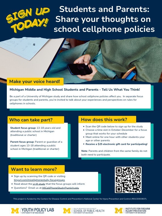 This flyer presents information about a cell phone survey. Please call the school at 616-863-6348 for concerns about accessibility.