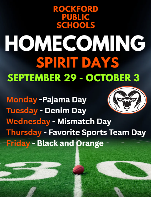 Homecoming Spirit Days Sept. 29 - October 3. Monday - pajama Day. Tuesday Denim Day. Wednesday - Mismatch day, Thursday - Favorite Sports Team Day, Friday Black and Orange