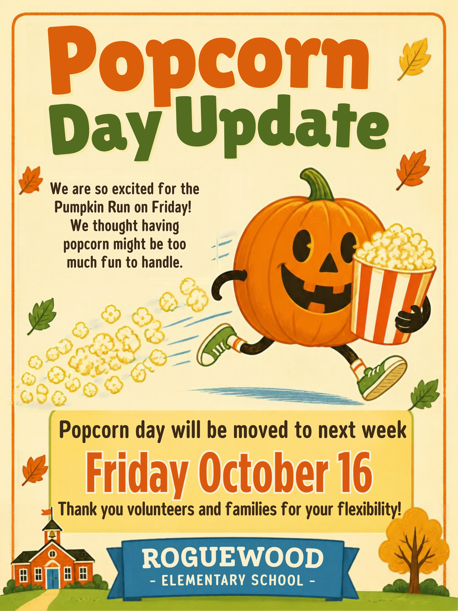 Popcorn Day Update - Popcorn day will be moved to next week October 16. Thanks you for your flexibility.