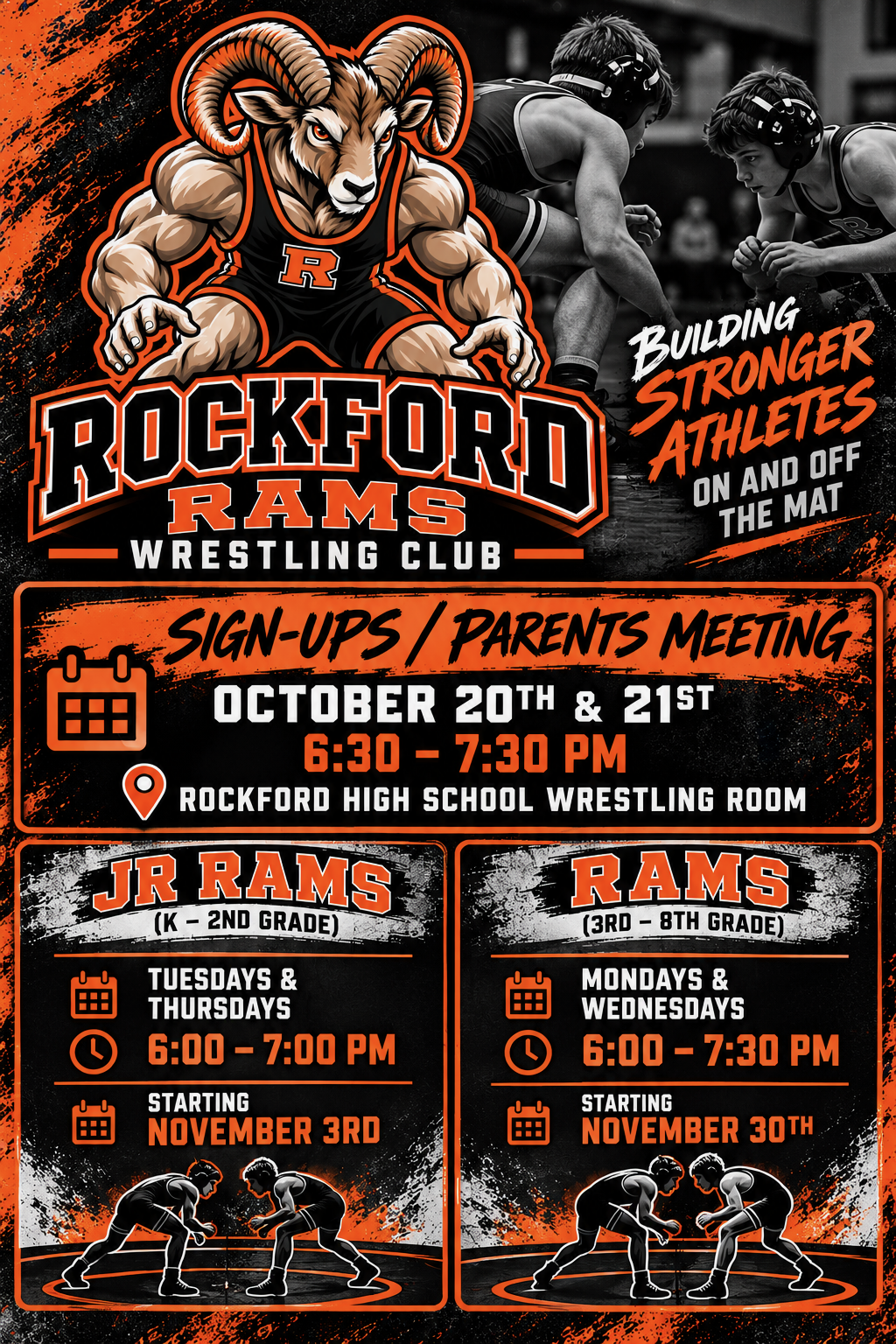 Rockford Rams Wrestling Club Parent meeting Oct 20 and oct 21 at Rockford Highschool from 6:30-7:30 pm
