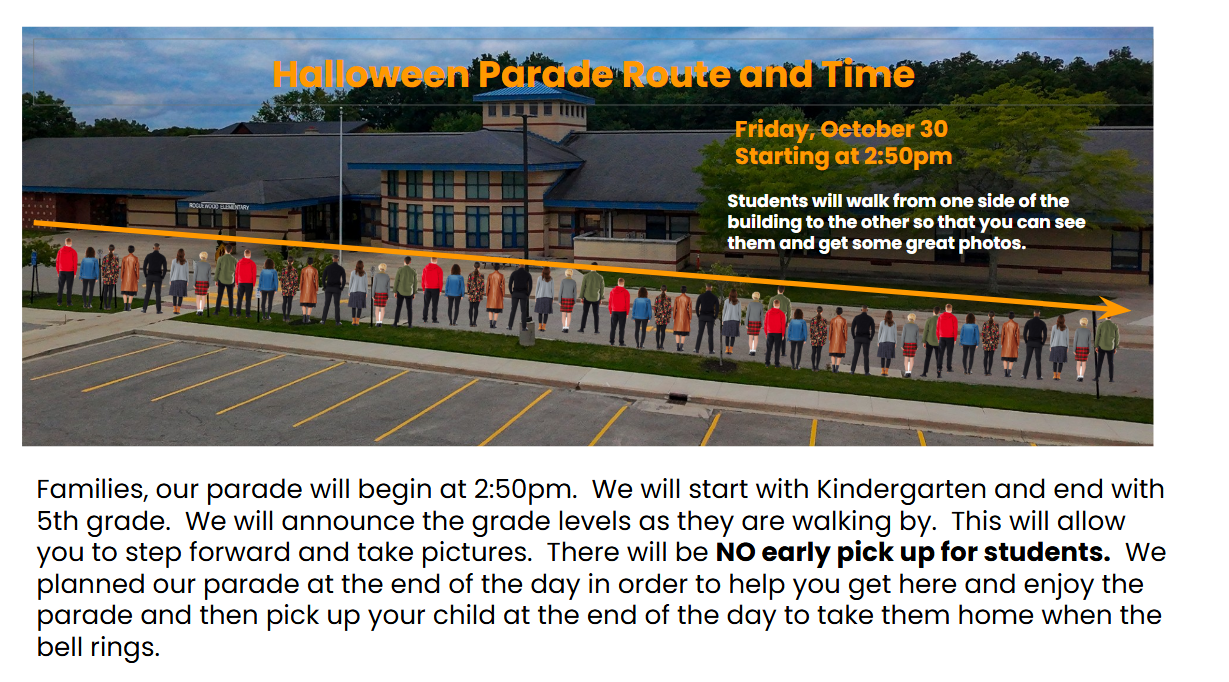 Photo of the front of Roguewood Elementary School with an arrow from the cafeteria to the bus loop to show parents where students will be walking.